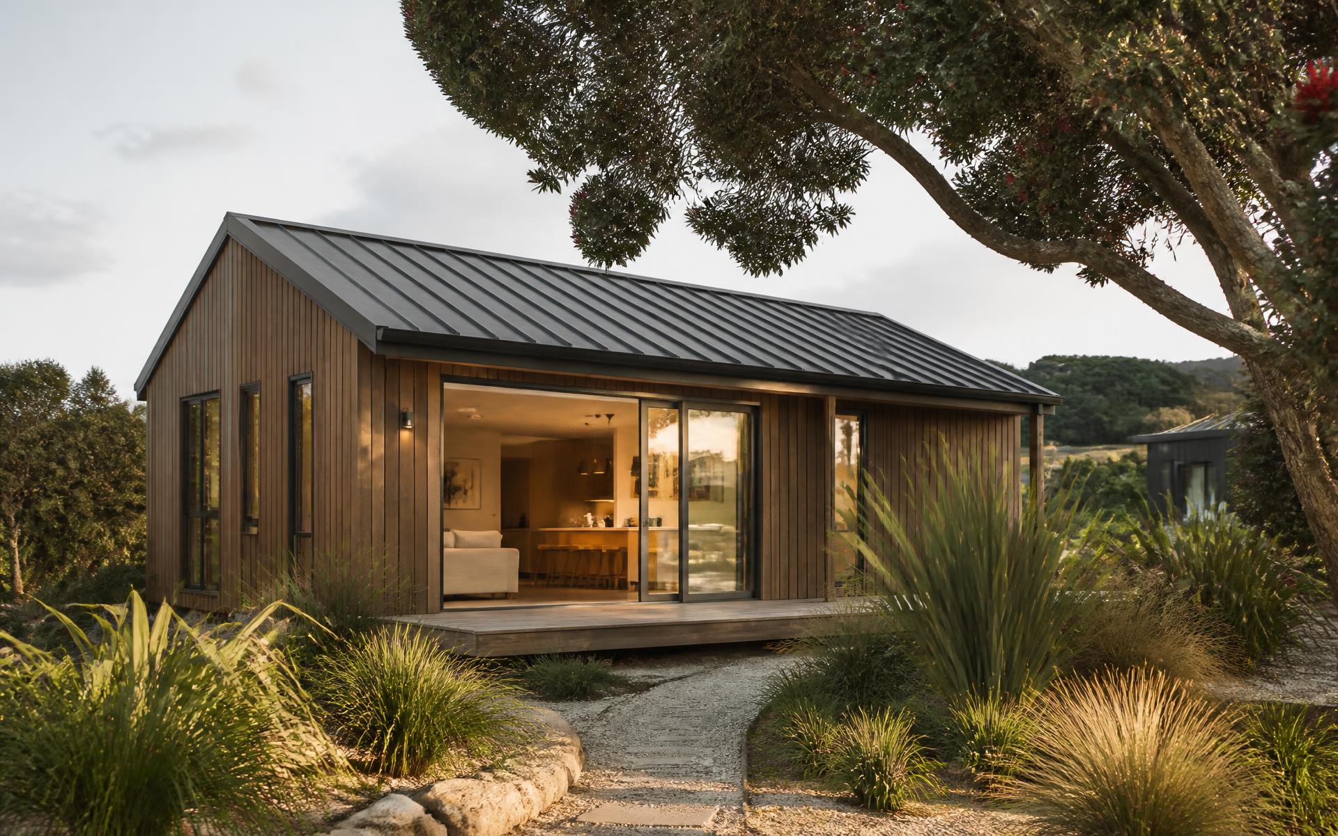 Modern cedar-clad New Zealand granny flat with sliding glass doors opening onto a landscaped native garden
