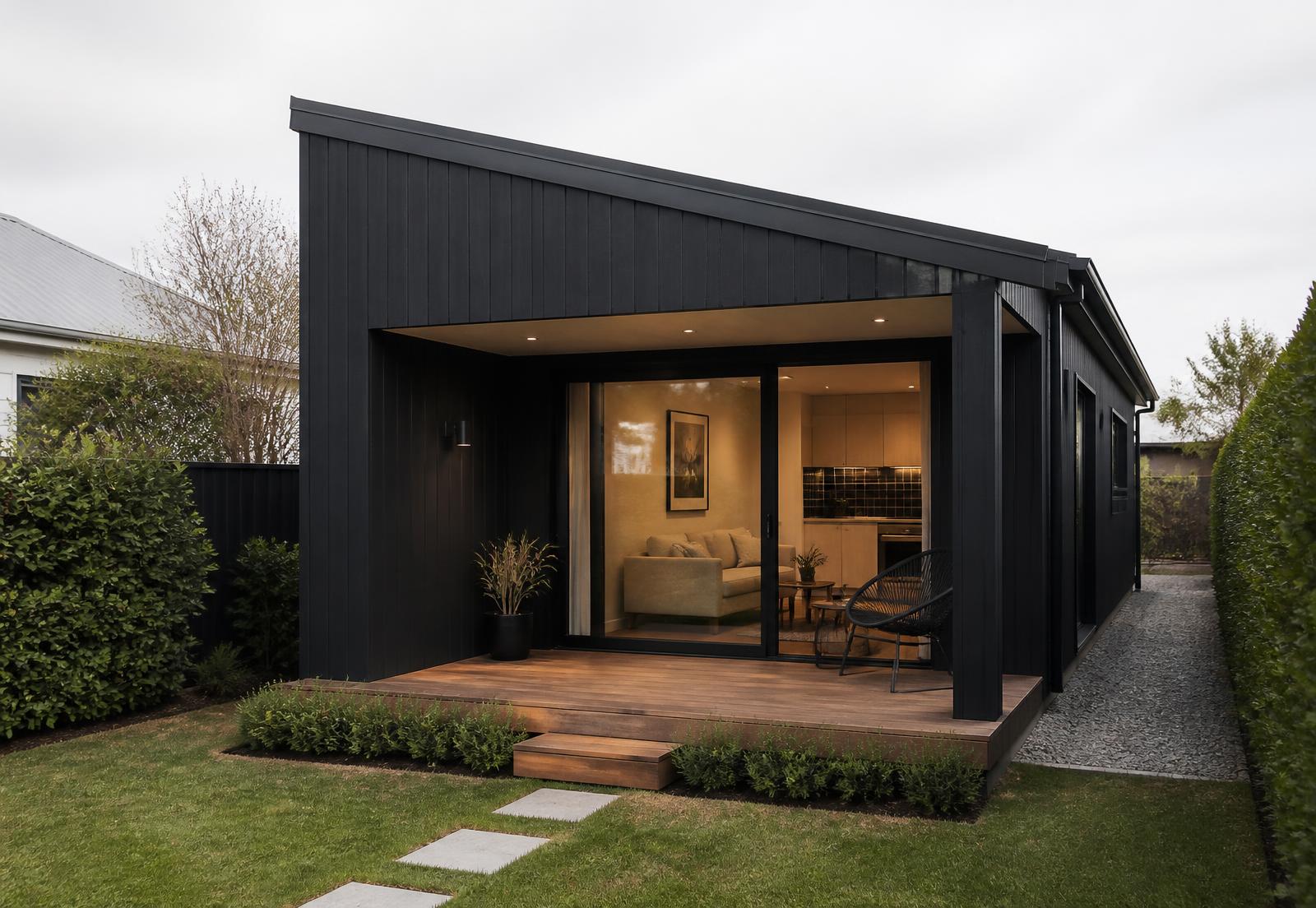 Compact one-bedroom minor dwelling with black timber battens and a covered timber deck